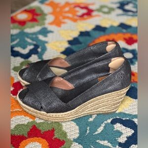 Tory Burch Filipa Pewter Metallic Crisscross Wedge Espadrilles Size 8B